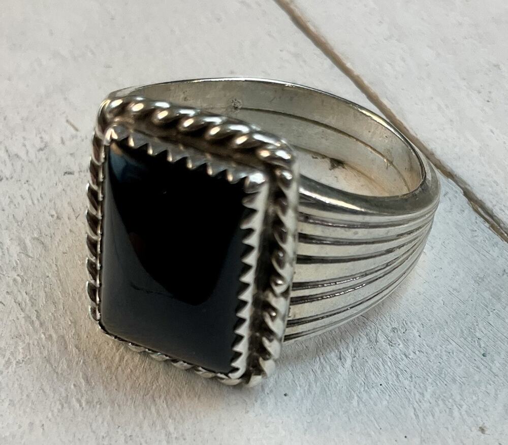 Sterling Silver 925 Black Onyx Rectangular Sawtooth Bezel Ring Size 10.75 8.81g
